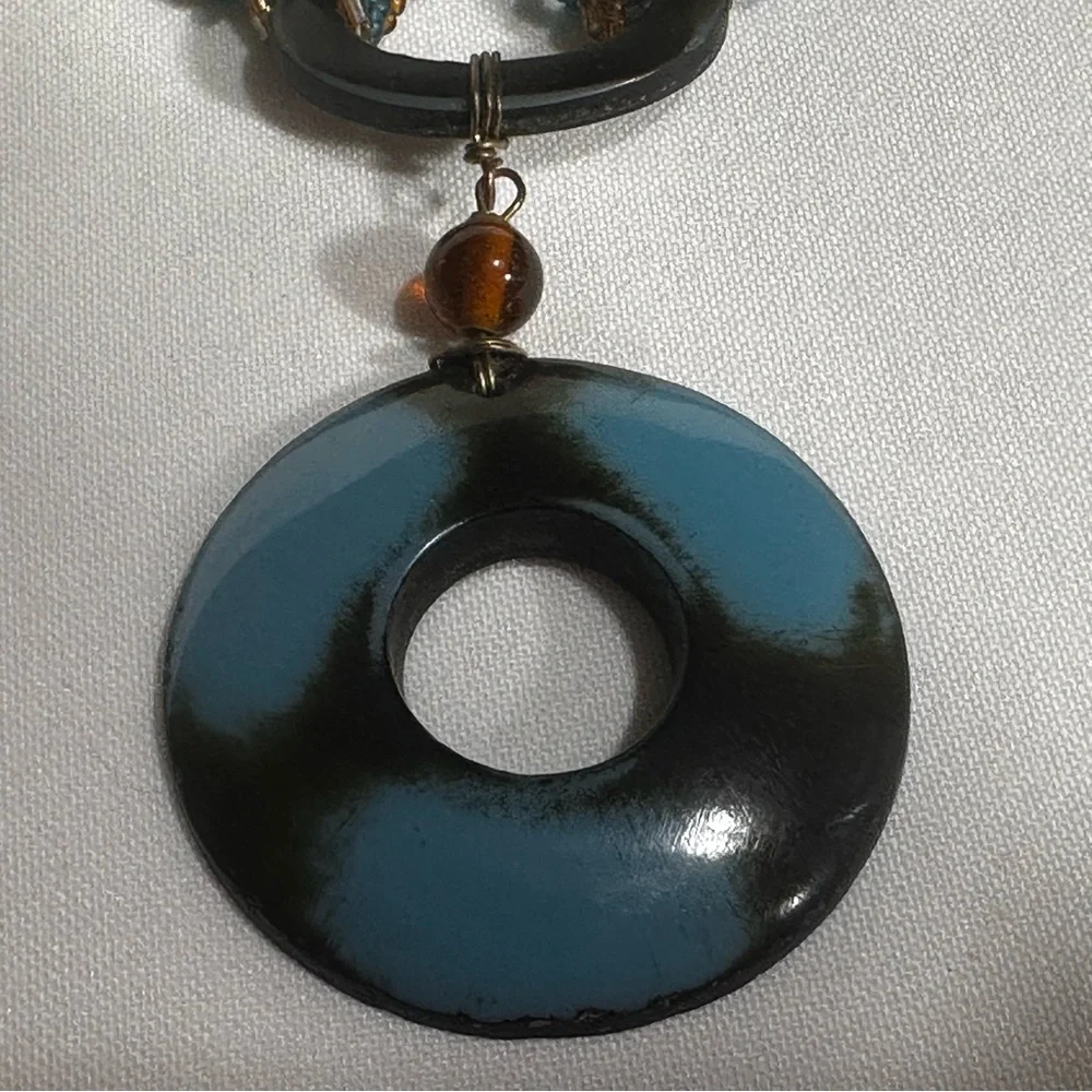 Turquoise Blue & Amber Brown Boho Seed Bead Pendant Statement Necklace